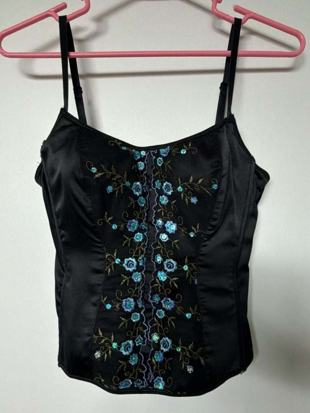 Vintage Victoria's Secret Y2K Black Satin Corset Bustier Top with Blue Floral Em